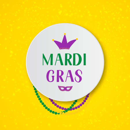 Mardi Gras hand lettering with colorful beads, mask and crown on yellow background. Fat Tuesday traditional carnival in New Orleans. Vector element of design for banner, flyer, party invitation, etc.のイラスト素材