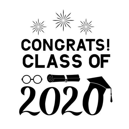Congrats Class of 2020 lettering with graduation hat isolated on white. Congratulations to graduates typography poster. Vector template for greeting card, banner, label, sticker, t-shirt, etc.のイラスト素材