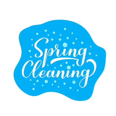 Spring cleaning calligraphy hand lettering with soap bubbles. Easy to edit vector template for logo design, typography poster, banner, flyer, etc.のイラスト素材