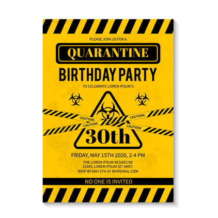 Quarantine Birthday Party invitation card with biohazard symbol and caution tapes. Social distancing birthday celebration concept. Coronavirus COVID-19 Pandemic. Vector illustration.のイラスト素材