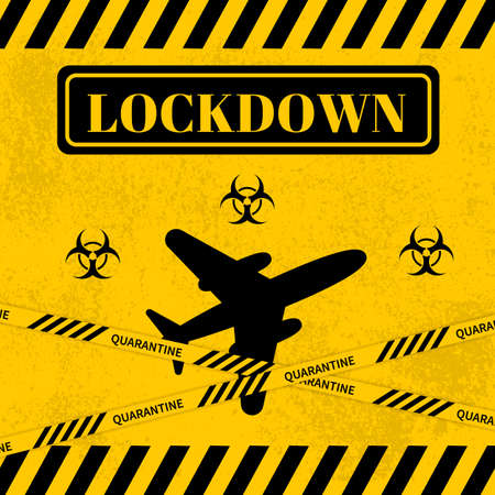 Lockdown sign with airplane icon crossed with caution tape. Prohibition of flights and cancel of voyages due quarantine. Pandemic coronavirus COVID-19 concept. Vector illustration.のイラスト素材