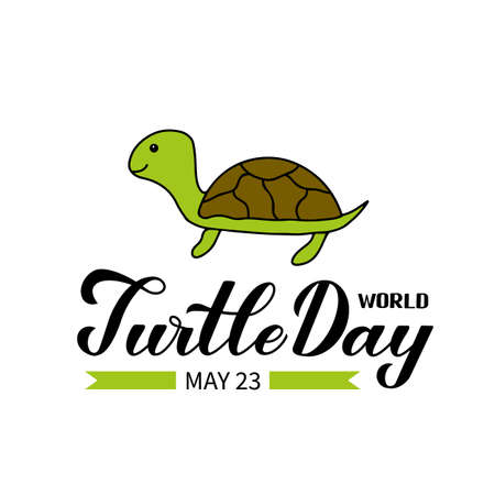 World Turtle day calligraphy lettering with smiling hand drawn turtle isolated on white background. Easy to edit vector template for postcard, banner, typography poster, sticker, flyer, t-shirt, etc.のイラスト素材