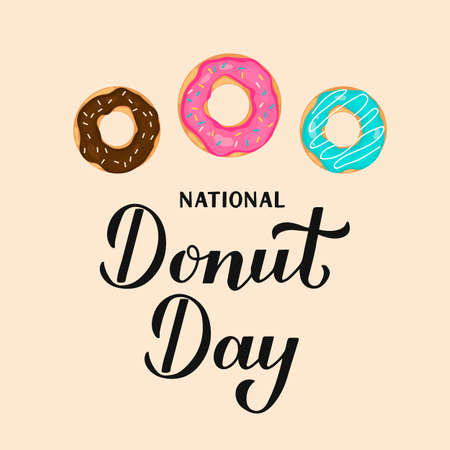 National Donut Day calligraphy hand lettering isolated on white background. Vector template for typography poster, banner, flyer, sticker, shirt, postcard,   design, etc.のイラスト素材