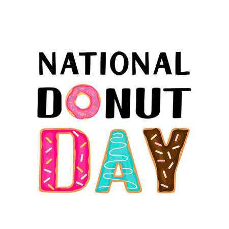 National Donut Day calligraphy hand lettering isolated on white background. Vector template for typography poster, banner, flyer, sticker, shirt, postcard,   design, etc.のイラスト素材