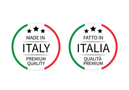 Made in Italy Premium Quality and Fatto in Italia round labels in English and Italian isolated on white. Vector icon. Perfect for  design, tags, badges, stickers, emblem, product packaging.のイラスト素材