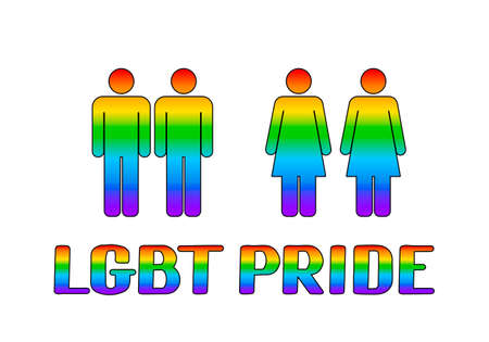 LGBT pride rainbow lettering with icons of homosexual couples people. Gay and lesbian rights concept. LGBTQ Pride day or month vector illustration. Template for typography poster, banner, flyer.のイラスト素材