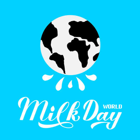 World Milk Day calligraphy hand lettering with splashes on blue background. Vector template for typography poster, banner, flyer, sticker, t-shirt, greeting card, postcard,  design, etc.のイラスト素材