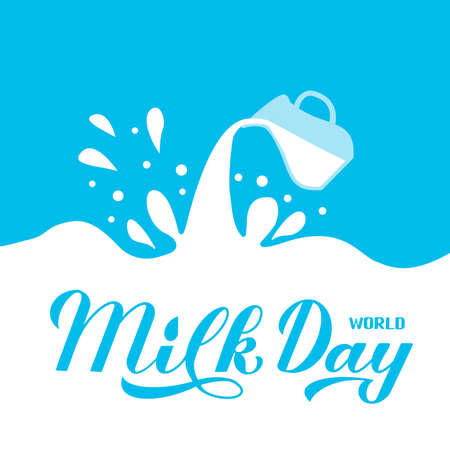 World Milk Day calligraphy hand lettering with splashes and drops. Vector template for typography poster, banner, flyer, sticker, shirt, greeting card, postcard,  design, etc.のイラスト素材