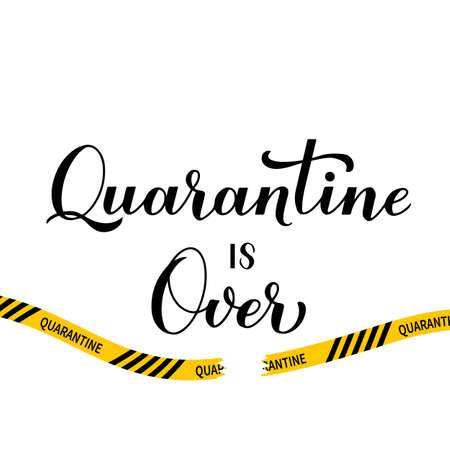 Quarantine is over calligraphy hand lettering isolated on white. The end of pandemic coronavirus COVID-19, lockdown and removal of restrictions. Vector template for poster, banner, sticker, etcのイラスト素材