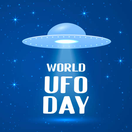 World UFO day lettering with flying saucer or spaceship in space background. Easy to edit vector template for typography poster, banner, flyer, sticker, etcのイラスト素材