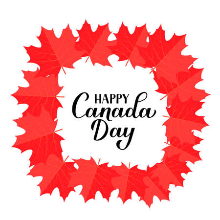 Happy Canada Day typography poster. Calligraphy hand lettering with red maple leaves frame. Vector template for Canadian holiday banner, party invitation, greeting card, flyer, sticker, etc.のイラスト素材