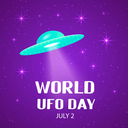 World UFO day lettering with flying saucer or spacecraft in space. Easy to edit vector template for typography poster, banner, flyer, sticker, etc.のイラスト素材
