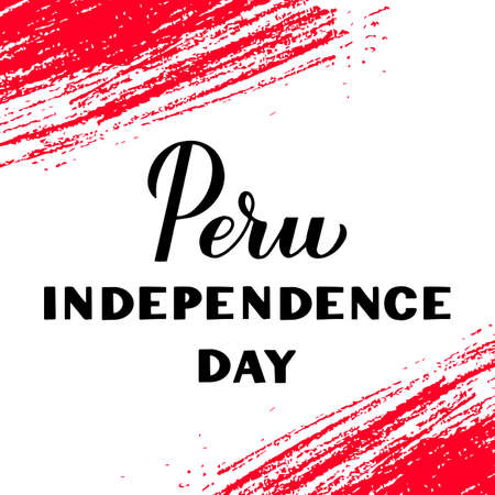 Peru Independence Day calligraphy hand lettering with red brush strokes. Peruvian holiday celebrated on July 28. Vector template for typography poster, banner, greeting card, flyer, etc.のイラスト素材