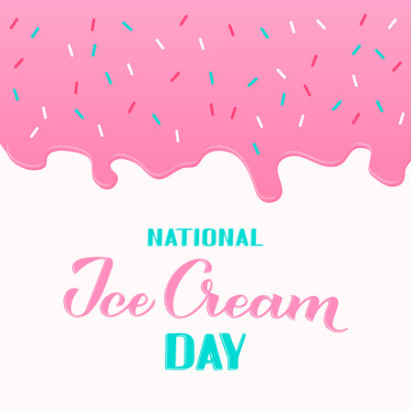 National Ice Cream Day poster with calligraphy hand lettering and melted ice cream. Funny American holiday celebrate third Sunday of July. Template for banner, flyer, cafe or restaurant menuのイラスト素材