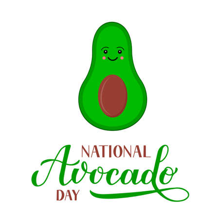 National Avocado Day calligraphy lettering with cute cartoon character isolated on white. Funny American holiday celebrate July 31. Vector template for poster, sticker, banner, sticker, t-shirt, etc.のイラスト素材