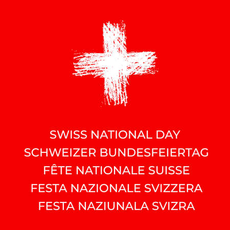 Swiss National Day lettering in English, French, Italian, German and Romansh. Switzerland holiday typography poster. Vector template for banner, flyer, t-shirt, greeting card, postcard, etcのイラスト素材