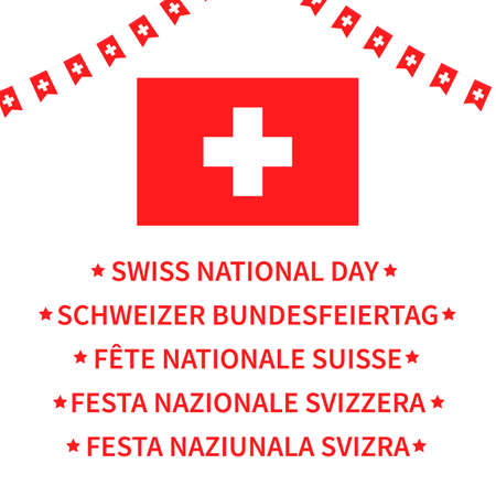 Swiss National Day lettering in English, French, Italian, German and Romansh. Switzerland holiday typography poster. Vector template for banner, flyer, t-shirt, greeting card, postcard, etcのイラスト素材