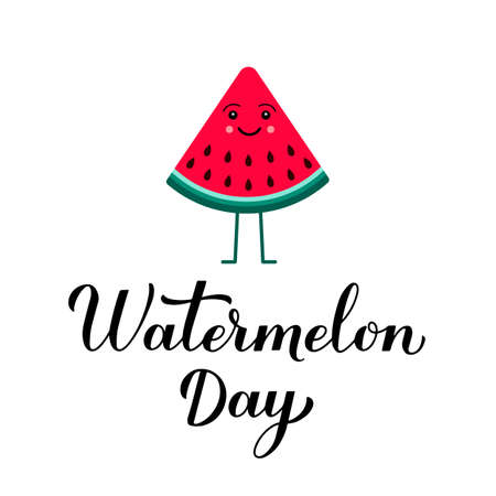 Watermelon Day calligraphy hand lettering and cute cartoon slice. Funny American holiday celebrate August 3. Vector template for typography poster, sticker, banner, sticker, t-shirt, etc.のイラスト素材