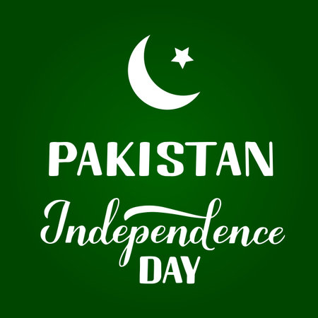 Pakistan Independence Day calligraphy hand lettering on green background. National holiday celebrated on August 14.のイラスト素材
