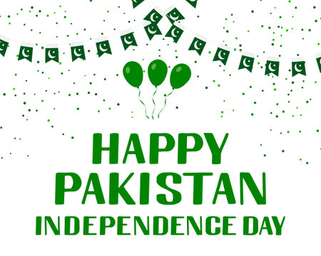 Happy Pakistan Independence Day lettering with flags and confetti. National holiday celebrated on...