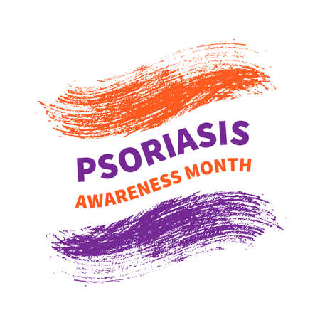 Psoriasis Awareness Month typography poster with lettering and Orange and Lavender Brush stroke. Medical banner informing about dermatological problems and annual checkup. Vector illustration.のイラスト素材