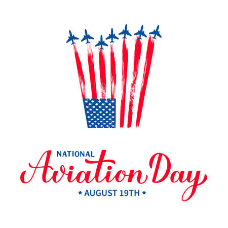 National Aviation Day calligraphy hand lettering isolated on white. Holiday in USA celebrated on August 19. Vector template for banner, typography poster, greeting card, flyer, etc.のイラスト素材