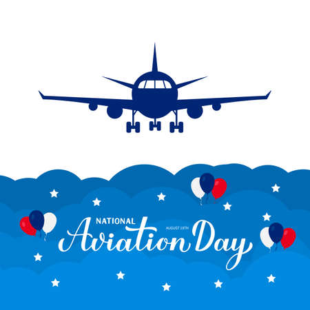 National Aviation Day typography poster. Calligraphy hand lettering and airplane. Holiday in USA celebrated on August 19. Vector template for banner, greeting card, flyer, etc.のイラスト素材