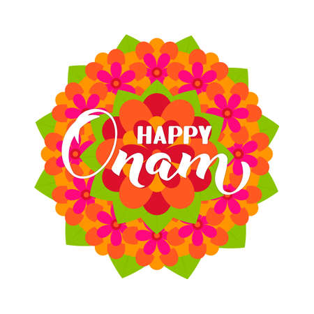 Happy Onam calligraphy hand lettering on colorful flower rangoli. South Indian Kerala traditional festival. Vector template for banner, typography poster, greeting card, flyer, etcのイラスト素材