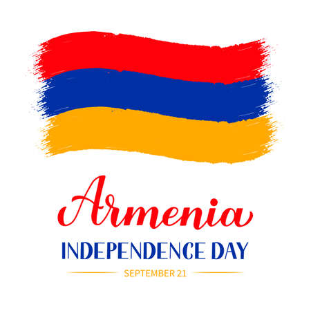 Armenia Independence Day calligraphy hand lettering with flag isolated on white. Armenian holiday celebrated on September 21. Vector template for typography poster, banner, greeting card, flyer, etcのイラスト素材
