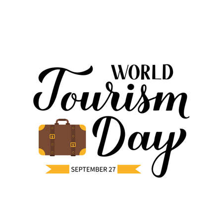 World Tourism Day calligraphy hand lettering with retro suitcase. Vector template for typography poster, greeting card, postcard, banner, flyer, sticker, t-shirt, etc.のイラスト素材