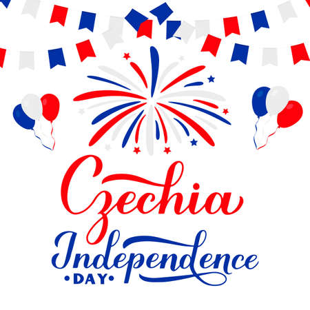 Czechia Independence Day calligraphy hand lettering with flags and fireworks. Czech Republic holiday celebrated on October 28. Vector template for typography poster, banner, greeting card, flyer, etc.のイラスト素材