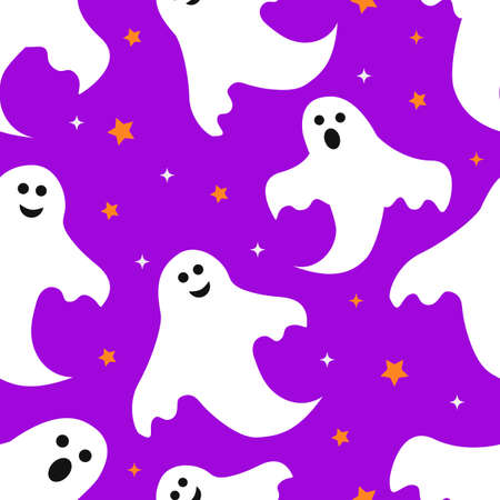 Halloween seamless pattern with cute cartoon ghosts on purple background. Easy to edit vector template for greeting card, poster, banner, party invitation, fabric, textile, wrapping paper, etcのイラスト素材