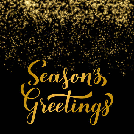 Seasons Greetings calligraphy hand lettering on shiny gold sparkles background. Merry Christmas and Happy New Year typography poster. Vector template for greeting card, banner, flyer, etc.のイラスト素材