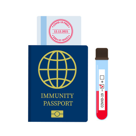 Immunity Passport and negative test flat vector illustration. Travel during pandemic and New Normal concept. Document confirming immune to COVID-19のイラスト素材