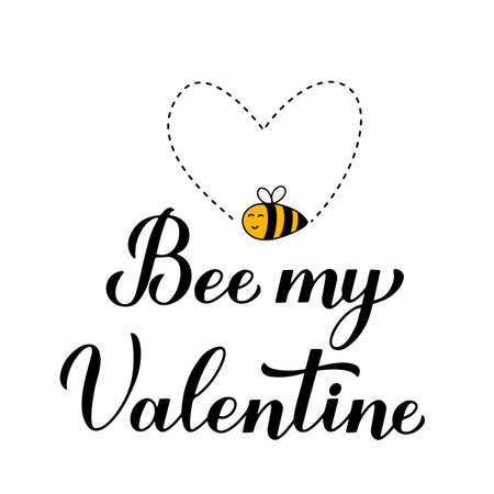 Bee My Valentine calligraphy hand lettering with cute cartoon bee isolated on white background. Funny Valentines Day quote. Vector template for banner, poster, flyer, sticker, card, t shirt, etc.のイラスト素材