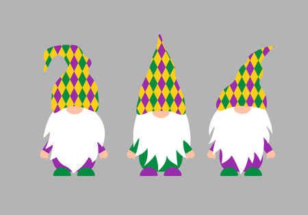 Mardi Gras gnomes. Fat Tuesday traditional carnival in New Orleans. Cute Nordic characters. Vector template for banner, flyer, poster, t shirt, sticker, etc.のイラスト素材