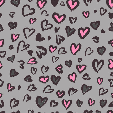 Valentine Leopard or cheetah seamless pattern. Trendy animal print. Spotted jaguar fur heart shaped. Vector background for textile, fabric, wallpaper, wrapping paper, etc.のイラスト素材