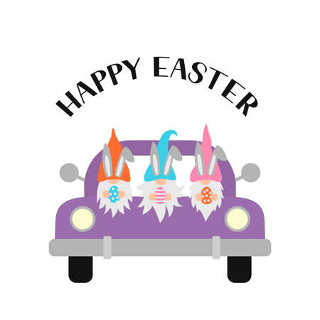 Easter retro truck with cute gnomes. Easter celebration typography poster. Spring holidays vector illustration. Easy to edit template for party invitation, greeting card, bannerのイラスト素材