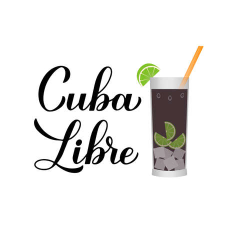 Cuba Libre calligraphy hand lettering with glass of cocktail. Cuban traditional drink with rum lime.のイラスト素材