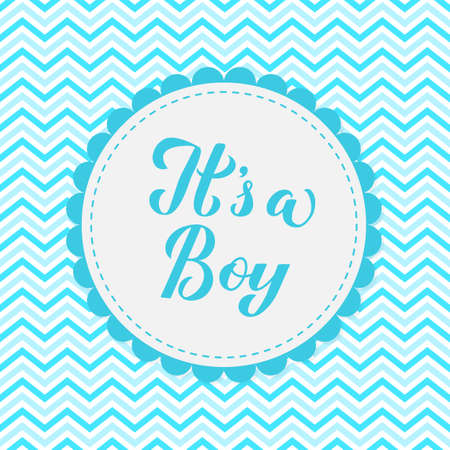 It sa boy calligraphy lettering on blue chevron background. Gender reveal sign. Baby shower decorations. Vector template for invitation, greeting card, banner, typography poster, label, etc.のイラスト素材