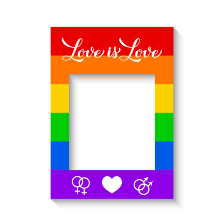 LGBT photo booth frame isolated on white. Rainbow photobooth props. LGBTQ community party decorations. Love is love. Vector templateのイラスト素材