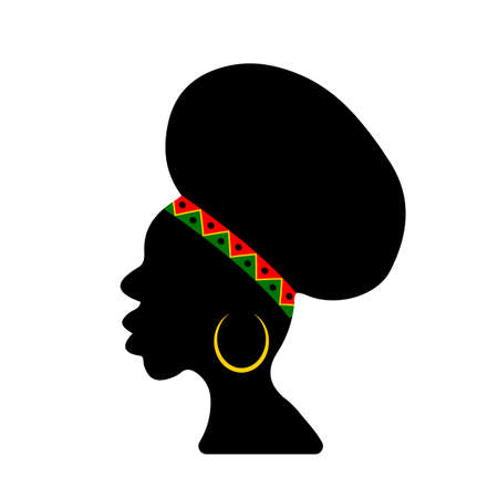 Afro American woman silhouette with traditional earring. Black woman profile isolated on white. Vector illustrationのイラスト素材