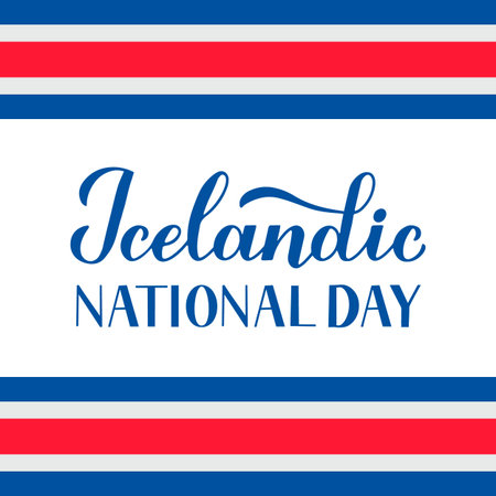 Iceland National Day calligraphy hand lettering with flag isolated on white. Icelandic holiday celebrated on June 17. Vector template for greeting card, typography poster, banner, flyer, etc.のイラスト素材