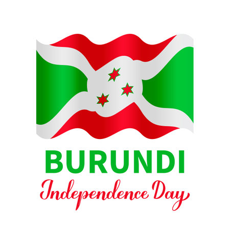 Burundi Independence Day lettering with flag isolated on white. National holiday celebrated on July 1. Vector template for typography poster, banner, greeting card, flyer, etc.のイラスト素材
