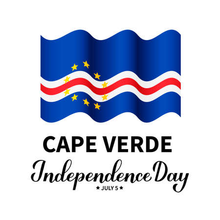 Cape Verde Independence Day lettering with wavy flag isolated on white. National holiday celebrated on July 5. Vector template for typography poster, banner, greeting card, flyer, etc.のイラスト素材