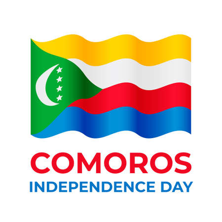 Comoros Independence Day typography poster with wavy flag. National holiday celebrated on July 6. Vector template for banner, greeting card, flyer, etc.のイラスト素材