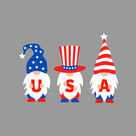American patriotic gnomes. USA Independence day. 4th of July characters clipart. Vector illustration.のイラスト素材