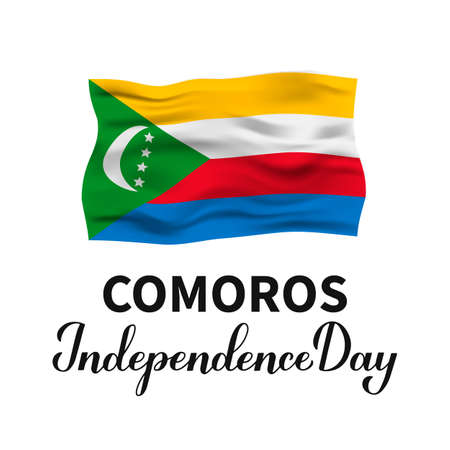 Comoros Independence Day typography poster with wavy flag. National holiday celebrated on July 6. Vector template for greeting card, banner, flyer, etc.のイラスト素材