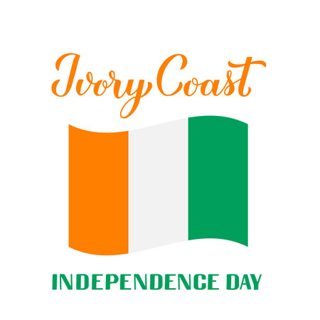 Ivory Coast Independence Day calligraphy lettering with flag. National holiday celebrate on August 7. Vector template for typography poster banner, flyer, sticker, greeting card, postcardのイラスト素材