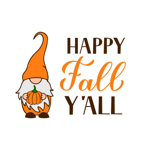 Autumn gnome holding pumpkin. Happy Fall quote lettering. Cute cartoon characters. Vector template for typography poster, banner, greeting card, t-shirt, etc.のイラスト素材